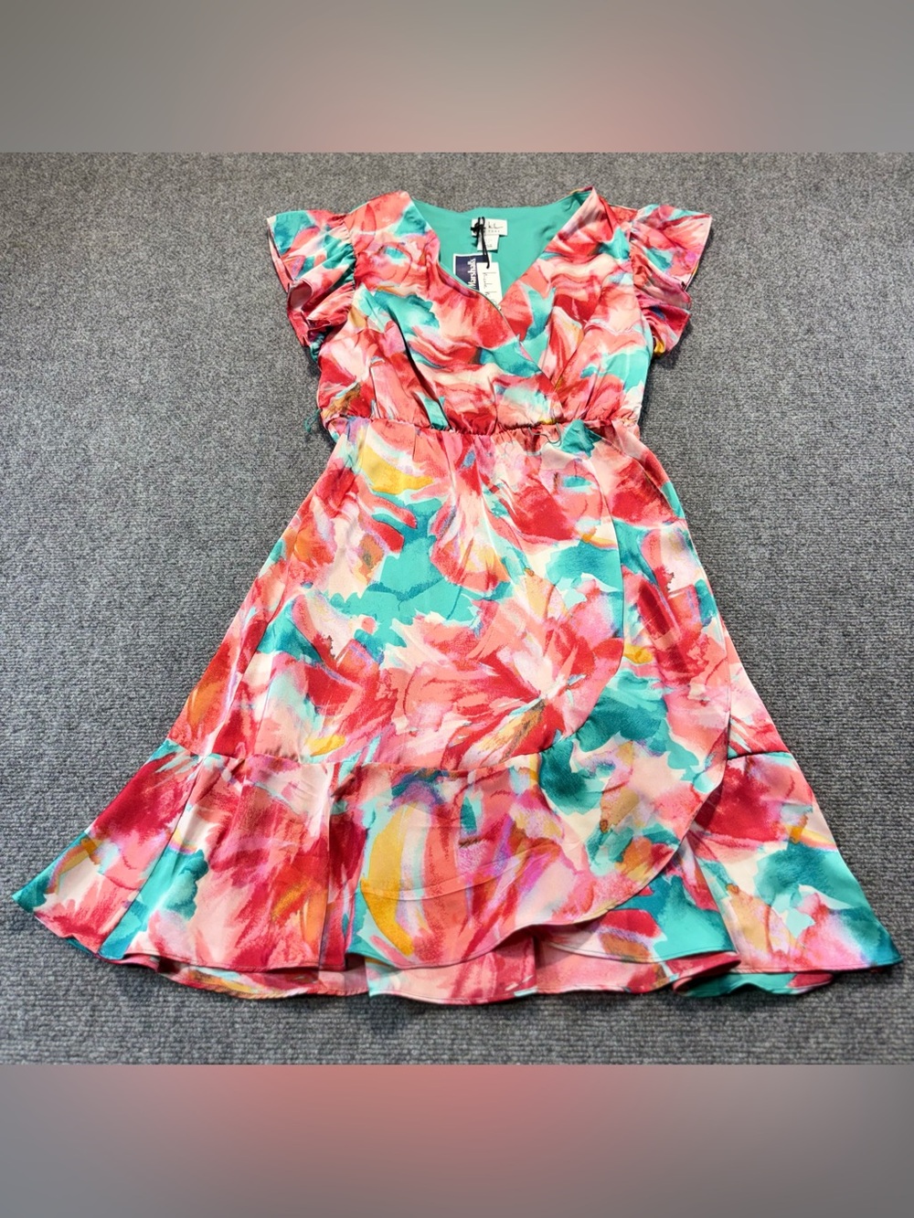 Nicole Miller New York Sz S Watercolor Floral Faux Wrap Dress Ruffle Sleeve
Teal